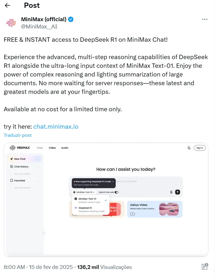 Post no X Minimax supera deepseek